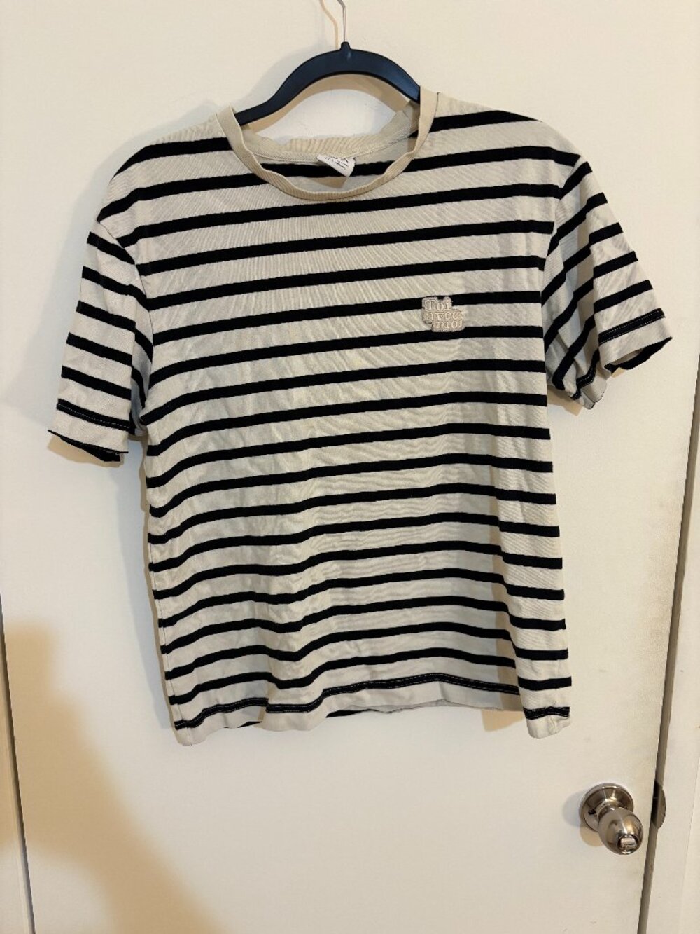 Zara Striped Tee Black Cream Stripes "Toi avec moi" Patch Size M